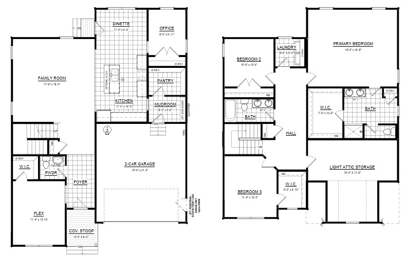 Floor plan with two levels: first floor has garage, kitchen, office; second floor has bedrooms, bathrooms, and laundry.