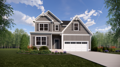 A new home with gray siding, white trim, and a two-car garage sits under a blue sky with clouds.