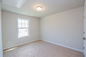 Empty room with beige carpet, light gray walls, a window, and a ceiling light fixture.