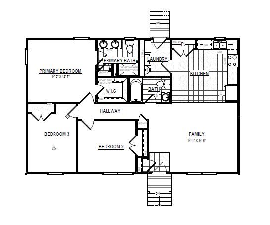 Black and white floor plan with three bedrooms, two bathrooms, kitchen, family room, laundry, and hallway.