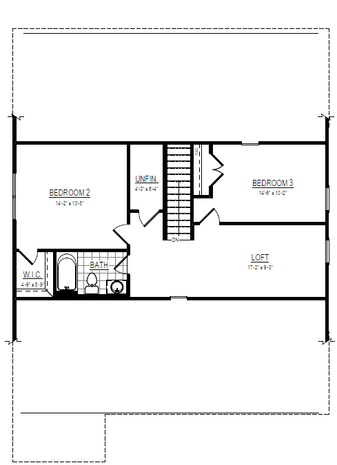 Upstairs Shenandoah floor plan with two bedrooms, a loft, bath, walk-in closet, and unfinished storage.