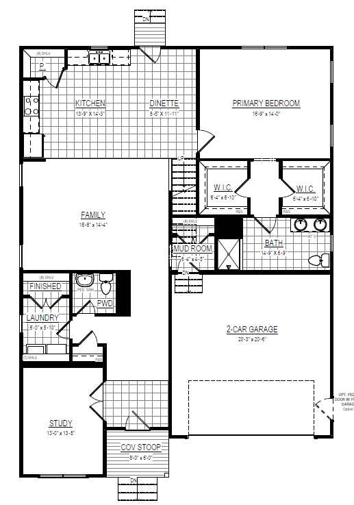 Shenandoah black and white floor plan with kitchen, bedrooms, bathrooms, study, laundry, and 2-car garage.