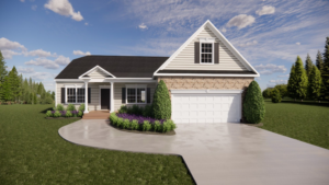 House at Lot 57 with a front porch, wide driveway, and lush greenery under Patrick Henry Heights blue skies.