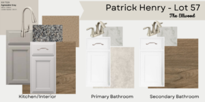 Design board featuring cabinet, countertop, and flooring samples for kitchens and baths in Patrick Henry Heights - Lot 57.