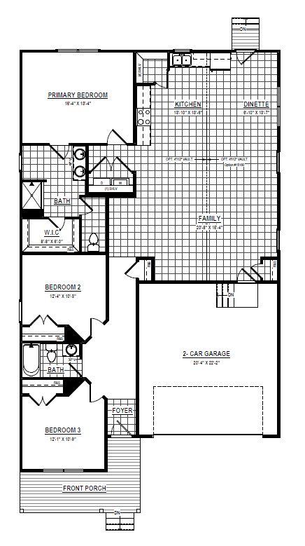 Black and white floor plan showing three bedrooms, two baths, kitchen, family room, garage, and front porch.