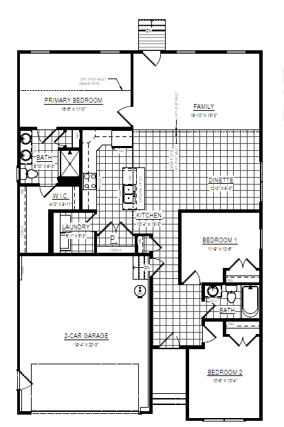Black and white floor plan with 3 bedrooms, 2 baths, kitchen, garage, and family room.