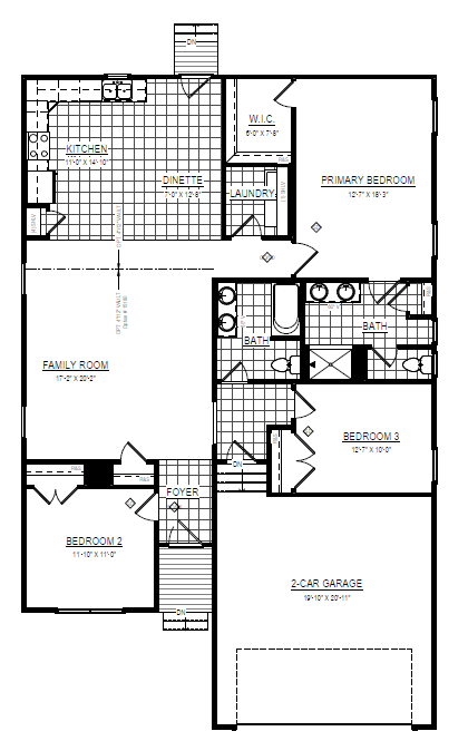 Black and white floor plan showing three bedrooms, two baths, kitchen, family room, garage, and dinette.