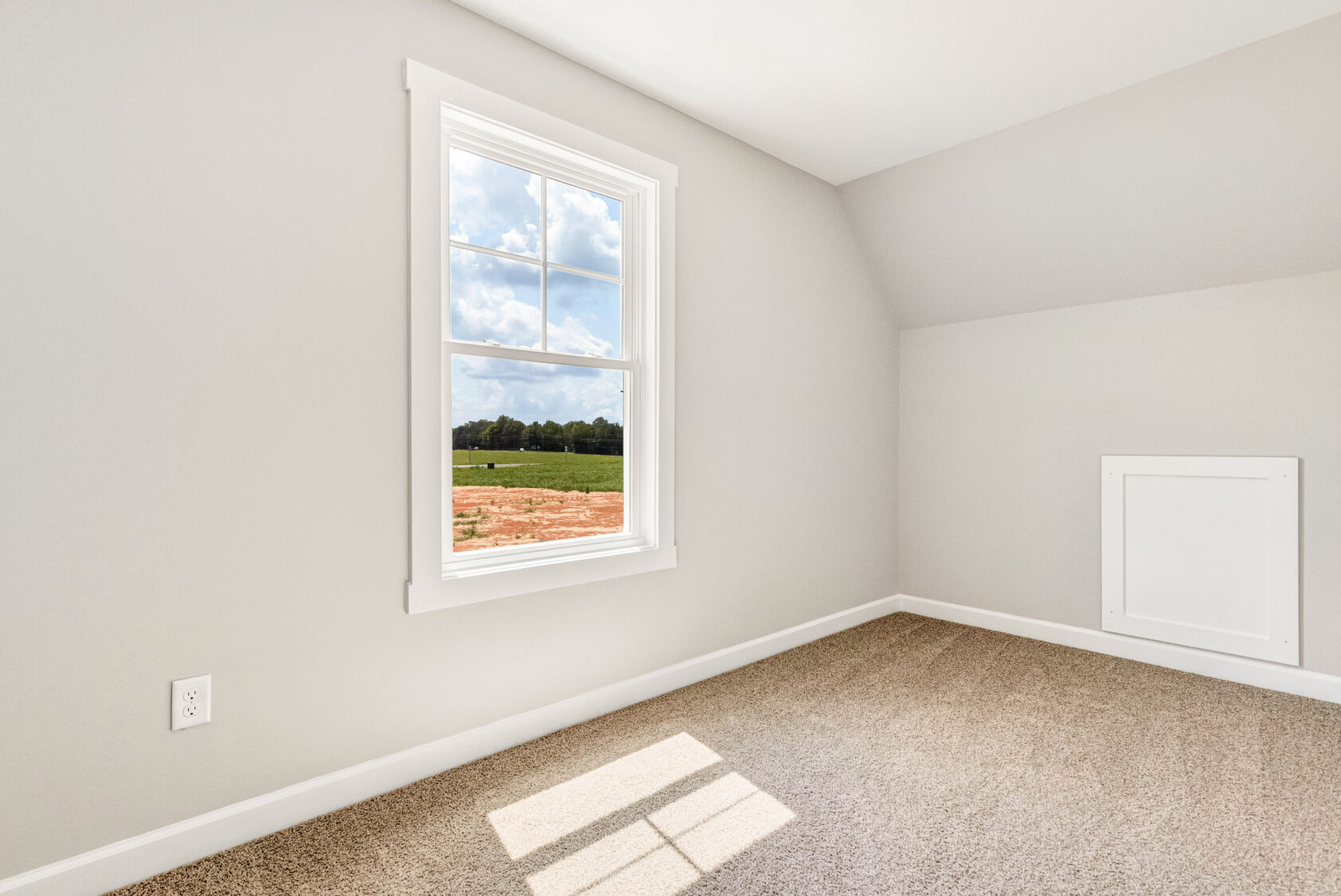 Bright, empty room with beige carpet, a window showing a field and trees, and white walls.