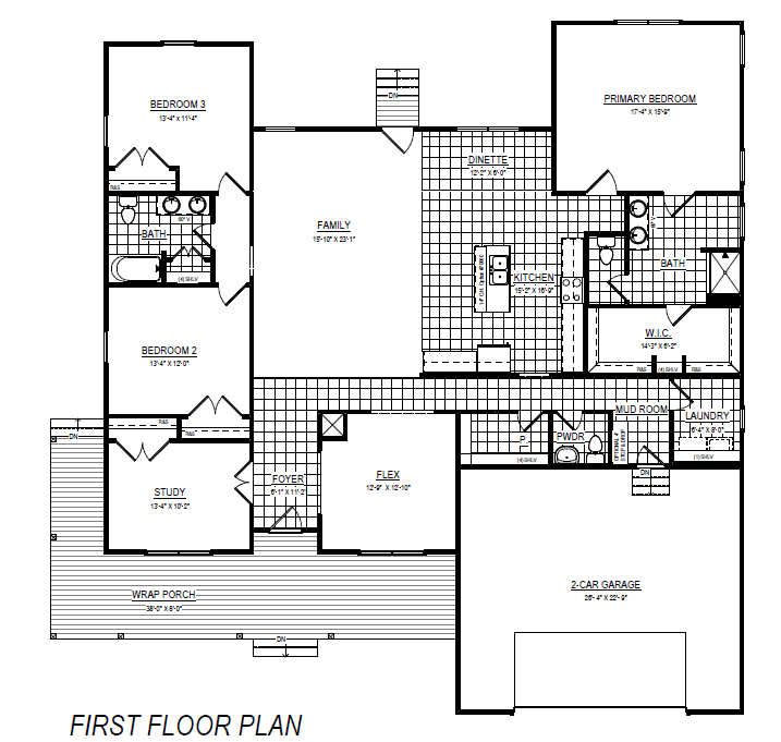 Black-and-white floor plan with labeled rooms, including bedrooms, kitchen, garage, and wrap porch.