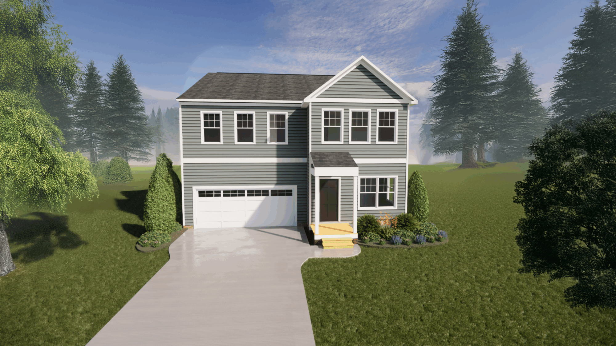 Two-story gray house with a front porch, garage, driveway, and landscaped yard surrounded by trees.