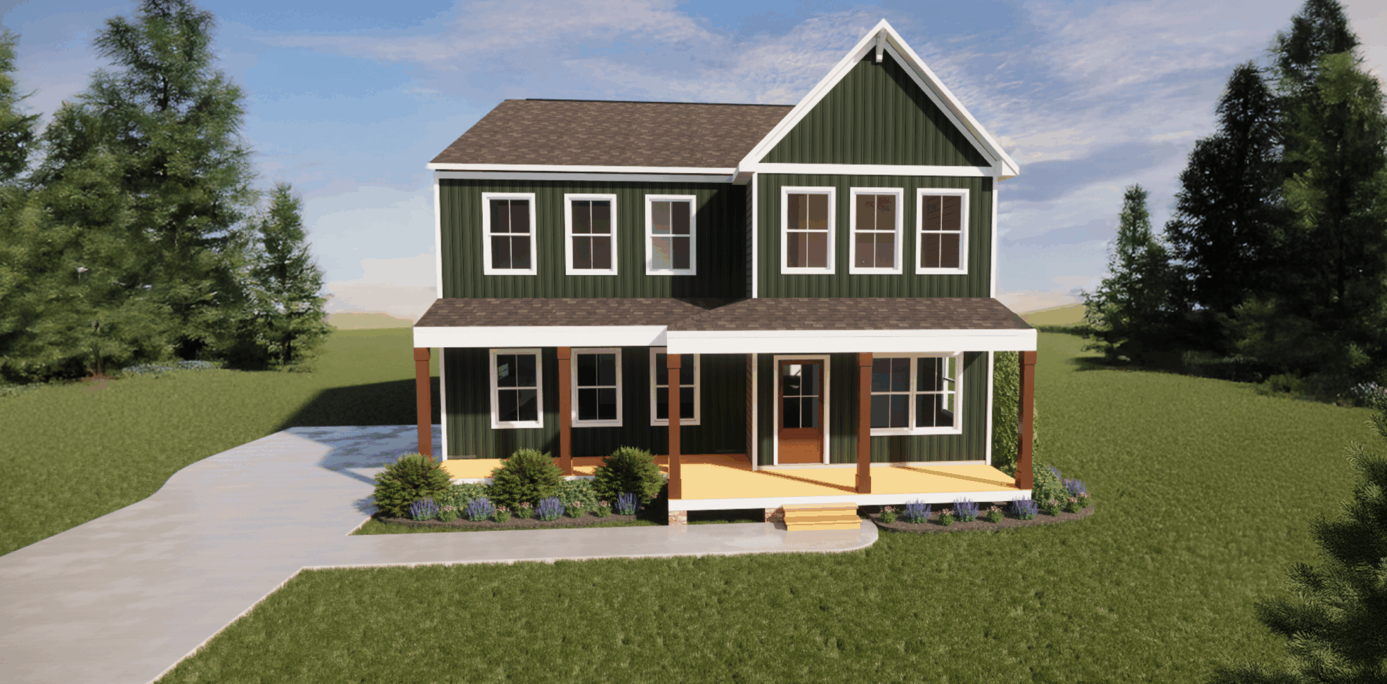 Two-story green house with a front porch, surrounded by grass, bushes, and trees under a partly cloudy sky.