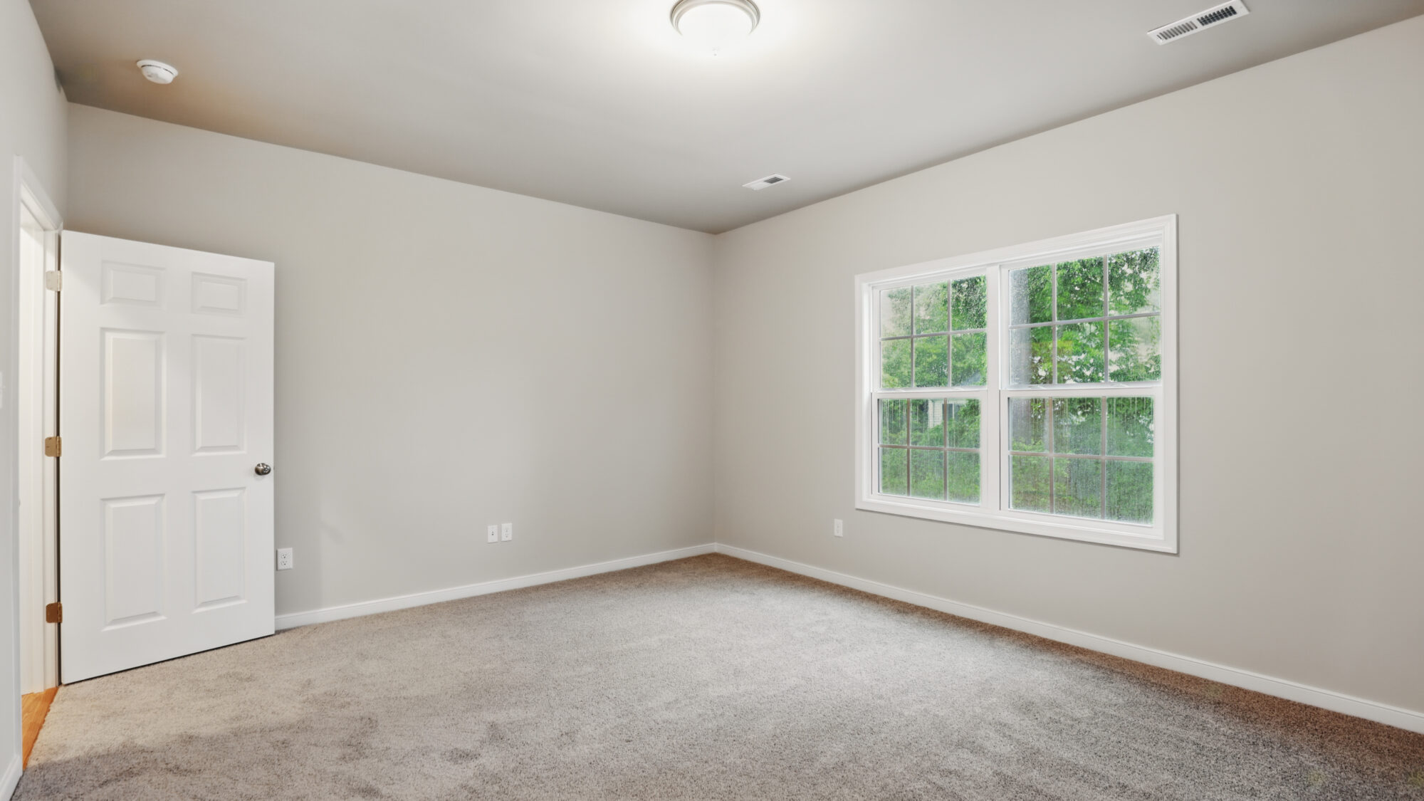 Empty room with beige walls, carpeted floor, open door, and window overlooking Somerset Hill greenery.