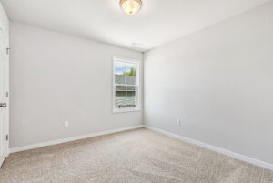 Bright, empty room in Poplar Village Lot 28 with beige carpet, white walls, window, and ceiling light fixture.