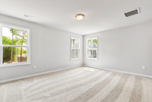Bright, empty carpeted room in Poplar Village with white walls, ceiling light, and windows overlooking houses and greenery.