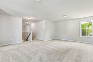 Spacious empty room in Poplar Village with beige carpet, white walls, ceiling lights, and natural light.