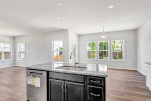 Modern open-concept kitchen at Lot 28, Poplar Village, with island, granite countertop, and sunlit windows.