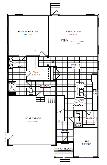 Black and white floor plan with labeled rooms, including primary bedroom, family room, kitchen, garage, and more.
