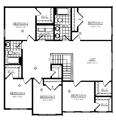 Second-floor plan with six bedrooms, three baths, laundry room, and a central loft area with stairs.