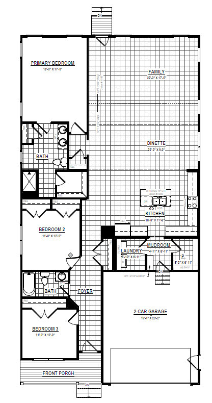 Black and white floor plan with three bedrooms, two baths, garage, kitchen, family room, dinette, laundry, and porch.