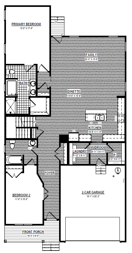 Black and white floor plan of Lot 8, Somerset Hill with two bedrooms, two baths, kitchen, family room, garage, and laundry.