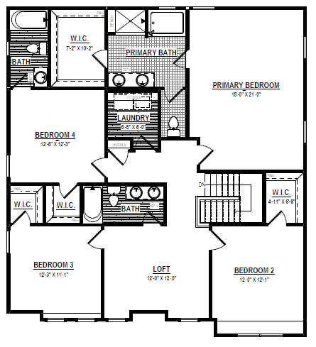 Black and white floor plan of Lot 7 in Poplar Village with four bedrooms, loft, laundry, and three bathrooms.