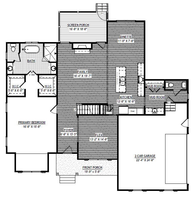 Black and white floor plan of Shirley Commons Lot 7 with labeled rooms, garage, porch, kitchen, family area, and mud room.