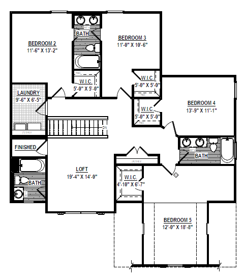 Black and white floor plan of Shirley Commons Lot 7 with five bedrooms, four bathrooms, a loft, and laundry room.