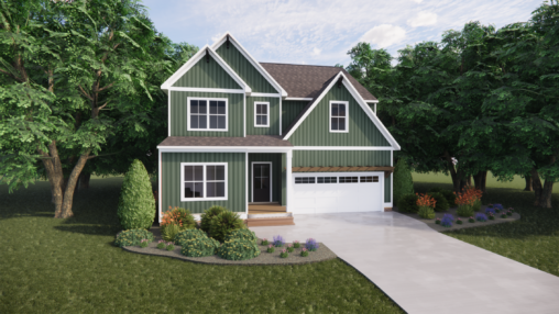 Green two-story house with white trim, on Lot 10 in Somerset Hill, features a porch, garage, trees, and landscaping.