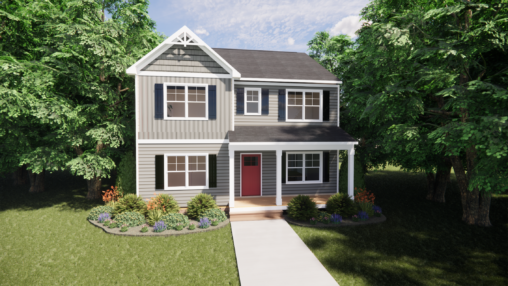 Two-story gray house with white trim on Somerset Hill Lot 7, featuring a red door and surrounded by green trees.