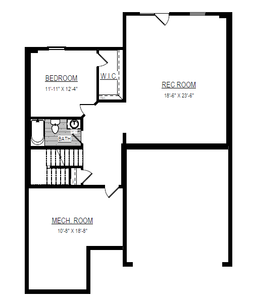 Black and white floor plan of Somerset Hill Lot 10 with bedroom, rec room, mech. room, bath, and walk-in closet.