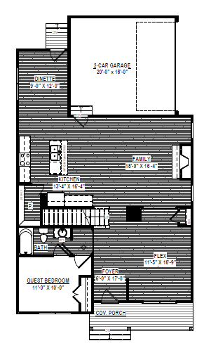 Somerset Hill Lot 7: Black and white floor plan with garage, dinette, kitchen, family, foyer, bath, guest room, and flex space.