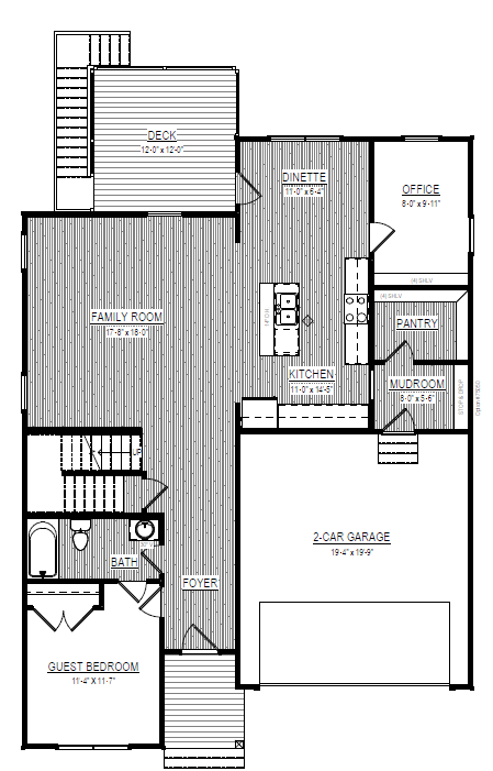 Black and white floor plan of Somerset Hill, Lot 10, with labeled family room, kitchen, garage, bedroom, and deck.