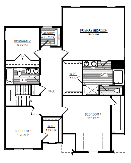 Somerset Hill Lot 10: Black and white floor plan with four bedrooms, two baths, laundry room, hall, and walk-in closets.