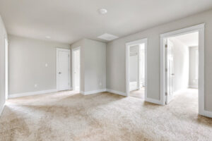 Empty beige carpeted room with white walls, three doorways, and natural light—located in Somerset Hill’s Lot 20.