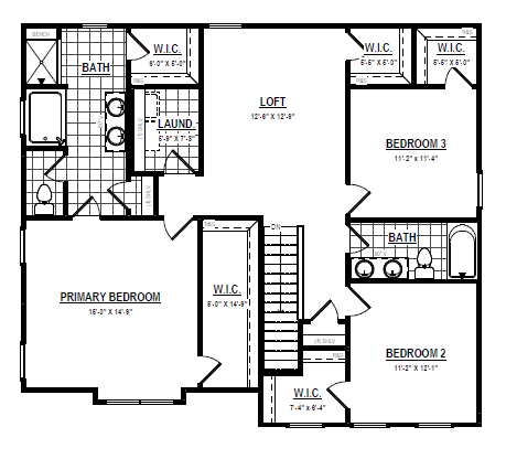Somerset Hill Lot 6: Second floor plan with three bedrooms, loft, two baths, laundry, and four walk-in closets.