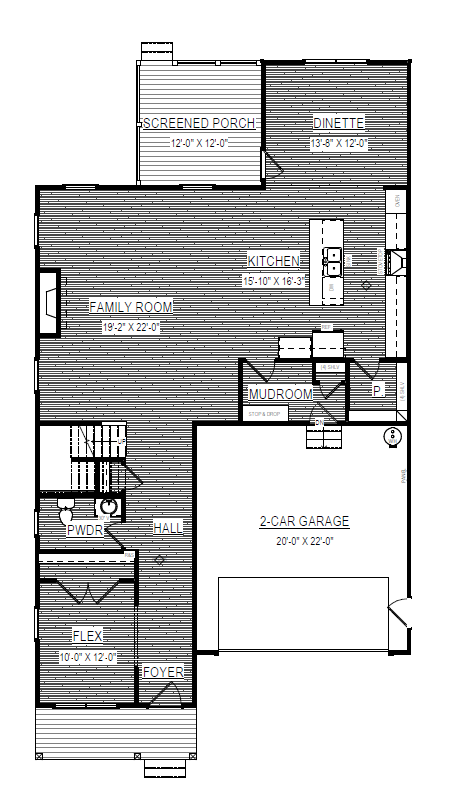 First floor plan for Lot 20, Somerset Hill: labeled rooms include garage, kitchen, screened porch, family room, and mudroom.