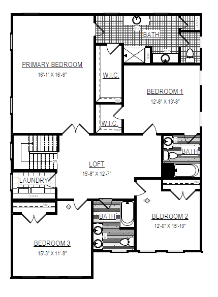 Somerset Hill Lot 20: Black and white floor plan with four bedrooms, three baths, a loft, laundry, and two walk-in closets.